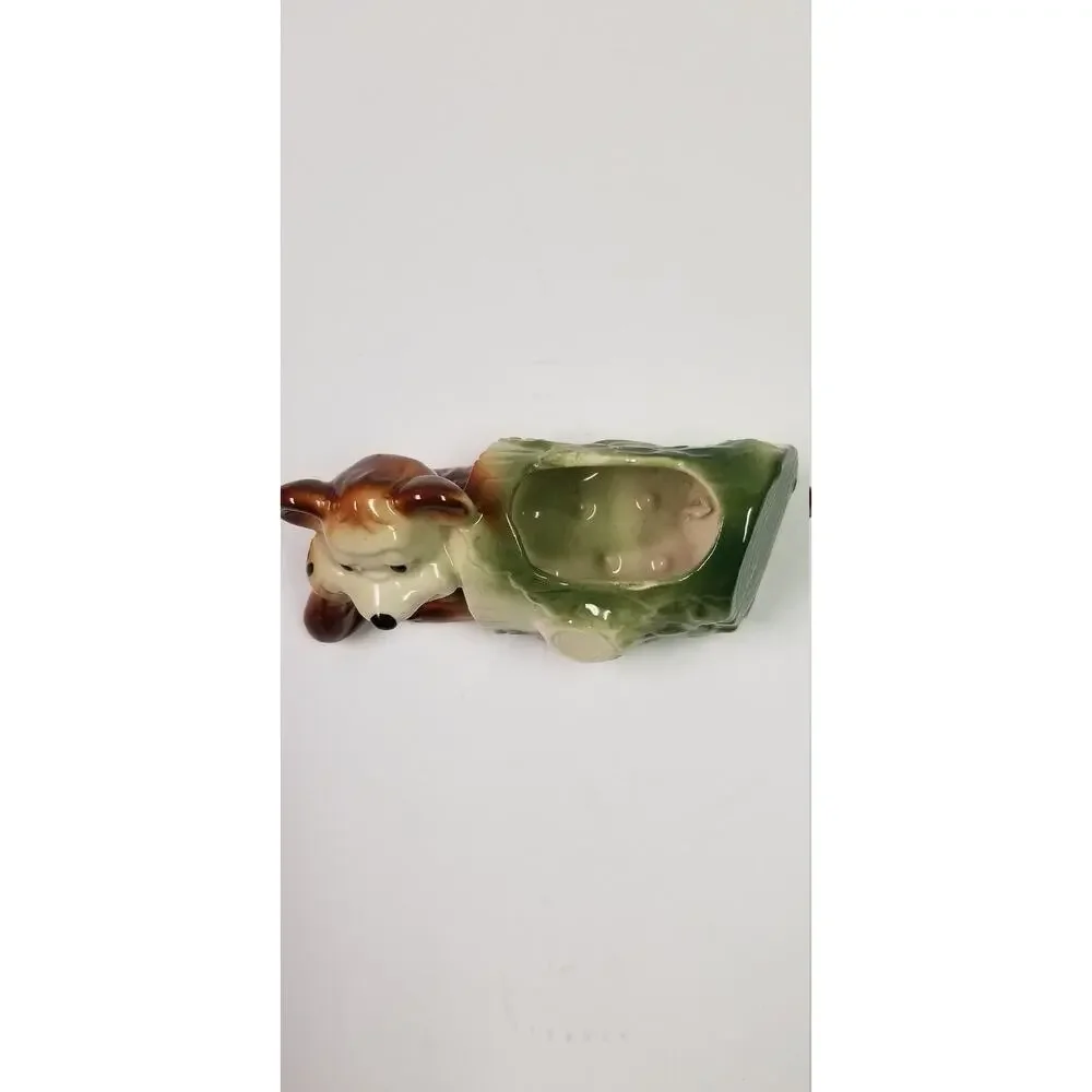 Vintage American Bisque Bear on Log Planter Mid Century 1950s Kitsch Ceramic Pot